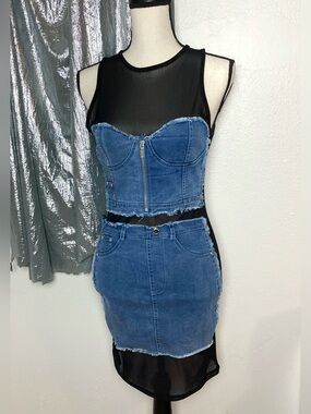 UK 12 Manière de Voir Denim and Mesh Dress Stretch Mini Bustier Dress
